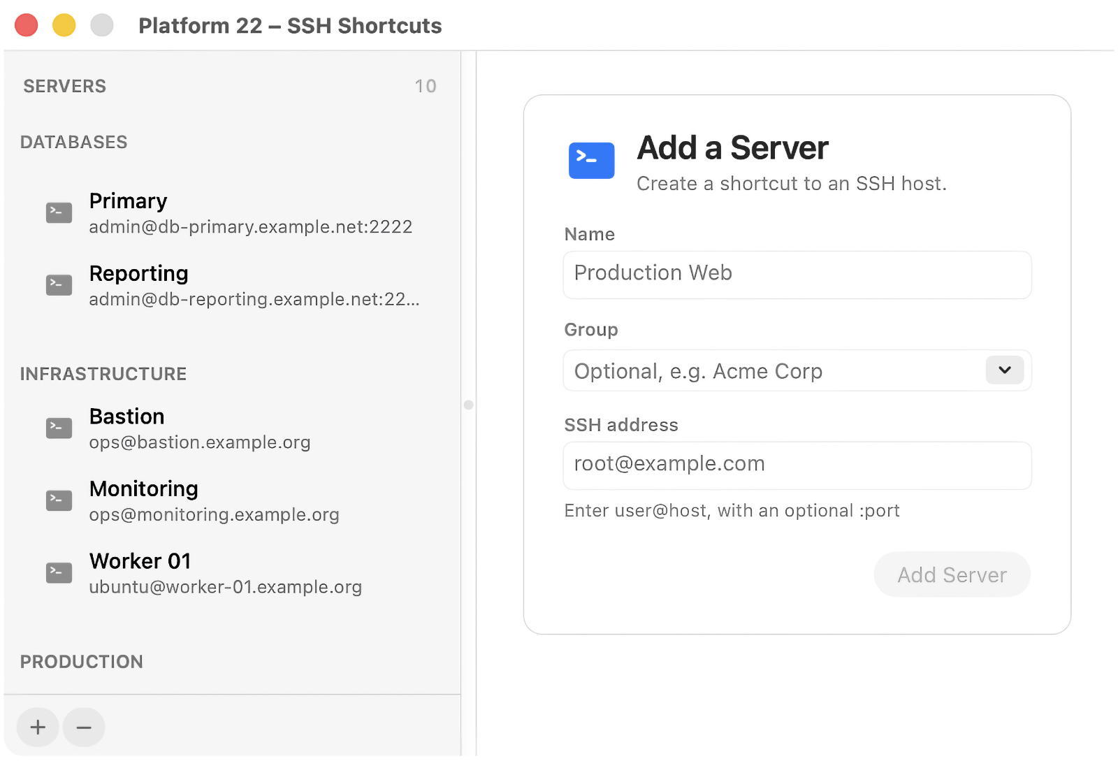 Platform 22 Manage Hosts window showing grouped SSH server shortcuts and the Add a Server form